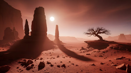 A surreal desert landscape resembling Mars, featuring tall rock pillars and a twisted dead tree under a bright sun. The scene is dominated by reddish sand and a hazy, atmospheric sky, evoking a science fiction setting.の素材
