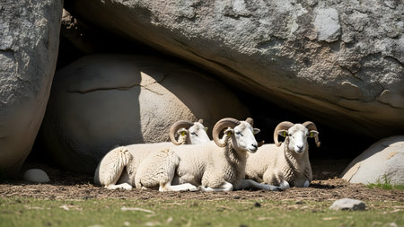 Three white rams with large curved horns resting together in the shade of a large rock formation. The sheep are lying on the ground in a natural, rugged environment, showcasing their thick wool and impressive horns.の素材