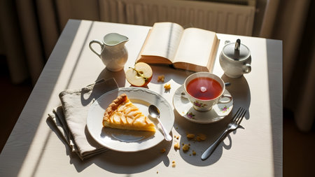 A relaxing scene features a cup of hot tea, a slice of apple tart, and an open book on a sunlit table. The composition evokes feelings of peace, leisure, and enjoying a quiet afternoon break.の素材