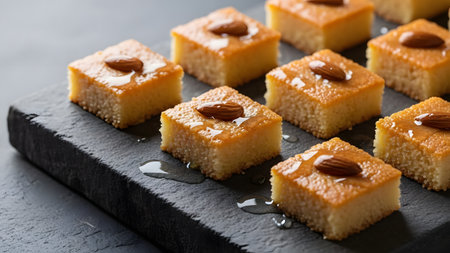 Squares of golden Basbousa, or semolina cake, are topped with almonds and soaked in syrup, presented on a dark slate plate. This sweet treat is a popular traditional Middle Eastern dessert.の素材