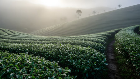 Rolling hills of a lush green tea plantation are shrouded in a soft morning mist. The meticulously manicured rows of tea bushes create a mesmerizing pattern that fades into the foggy background, evoking peace and tranquility.の素材