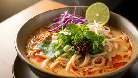 A steaming bowl of spicy Laksa or curry noodle soup is topped with fresh mint, bean sprouts, and a slice of lime. The rich, coconut-based broth and red chili oil suggest a flavorful Southeast Asian dish.の素材