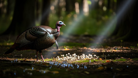 A wild turkey stands on the forest floor surrounded by small mushrooms, illuminated by dramatic sunbeams filtering through the trees. The scene captures a serene moment in wildlife, highlighting the beauty of the natural woodland habitat.の素材