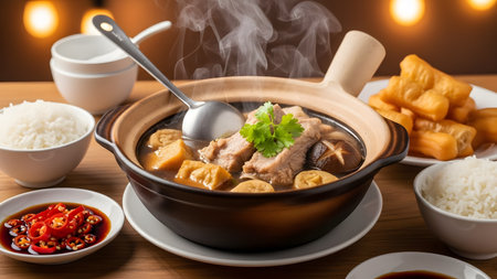 A steaming clay pot of Bak Kut Teh, a traditional pork rib soup with mushrooms and tofu puffs, served with a bowl of rice and Youtiao (fried dough). The herbal broth is rich and aromatic, representing a popular Southeast Asian comfort food.の素材
