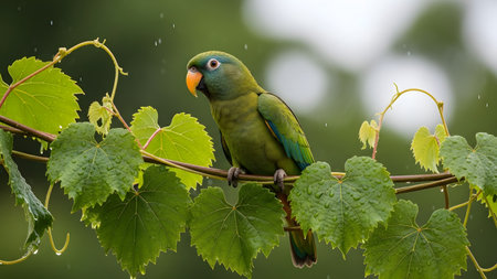 A green parrot with an orange beak perched on a vine surrounded by wet leaves during a rain shower. The tropical bird is captured in profile against a blurred green background, highlighting wildlife in its natural habitat.の素材