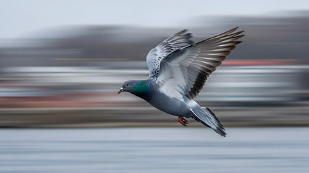 A pigeon is captured in mid-flight with motion blur, emphasizing speed and dynamic movement. The bird's wings are fully spread as it glides past a blurred urban background, creating an artistic wildlife action shot.の素材