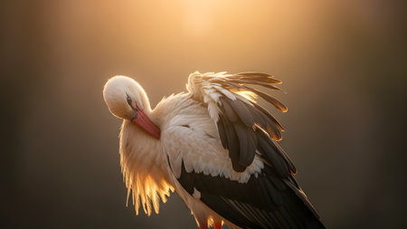 A white stork stands gracefully while preening its feathers, illuminated by the warm, golden glow of the setting sun. The backlit composition highlights the texture of the plumage against a soft, blurred background.の素材