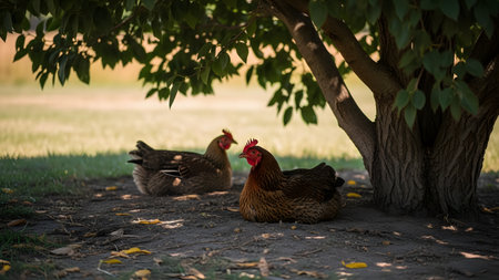 Two brown chickens resting comfortably in the shade of a tree on a sunny day. The peaceful farm scene captures the birds relaxing on the dirt ground, surrounded by green leaves and dappled sunlight.の素材
