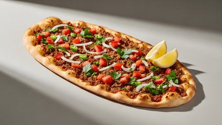 A delicious Turkish Lahmacun, a thin and crispy flatbread topped with spicy minced meat, vegetables, and herbs. The elongated pizza-like dish is garnished with fresh tomato, parsley, onion, and lemon wedges on a clean background.の素材
