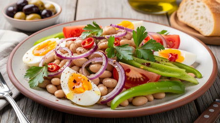 A nutritious plate of white bean salad featuring boiled eggs, fresh tomato slices, green peppers, and red onions. The dish is seasoned with spices and herbs, presenting a healthy and colorful Mediterranean-style meal.の素材