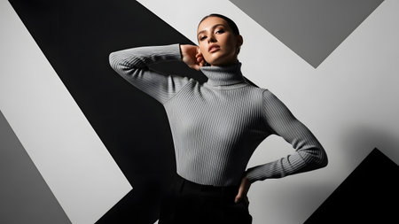 A stunning fashion model poses confidently in a grey ribbed turtleneck sweater and black trousers. The image features dramatic lighting and is set against a bold, black and white geometric background.の素材