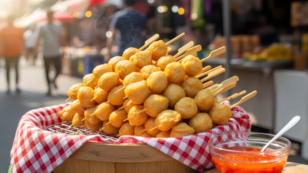 A stack of golden fried fish balls or meatballs on bamboo skewers displayed in a basket at a street food market. A bowl of spicy dipping sauce sits nearby, capturing the vibrant culture of Asian street snacks.の素材