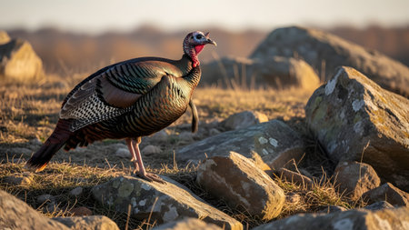 A magnificent wild turkey stands on a rugged, rocky terrain bathed in the golden light of sunset. The bird's iridescent feathers and alert posture are captured in a beautiful natural landscape.の素材