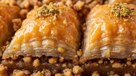 A close-up of golden brown Baklava pieces topped with crushed pistachios and glistening with honey syrup. The layers of flaky phyllo pastry and nut filling create a tempting display of this traditional Middle Eastern dessert.の素材
