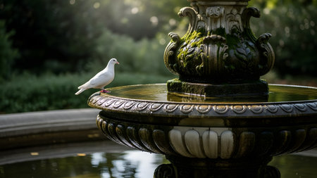 A white dove perches on the edge of an ornate, mossy stone fountain. The bird is framed by a blurred green garden background, evoking a sense of peace, purity, and tranquility.の素材