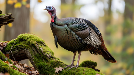 A wild turkey stands perched on a moss-covered log in a dense forest. The bird's iridescent feathers and colorful head are showcased against a blurred woodland background.の素材