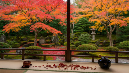A serene view of a traditional Japanese garden during autumn, framed by a wooden structure. Vibrant red and orange maple leaves cover the trees and mossy ground, with a stone lantern visible in the background.の素材