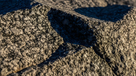 A macro shot of a rough granite rock surface illuminated by warm sunlight. The detailed texture shows the mix of minerals, grains, and cracks, creating a rugged natural pattern.の素材