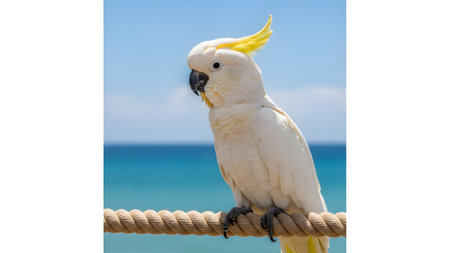 A Sulphur-crested Cockatoo perches elegantly on a thick rope against a backdrop of a sunny blue sky and tropical ocean. The white parrot's yellow crest and black beak are sharp and detailed.の素材
