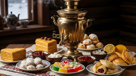A festive Russian tea table centered around a golden brass samovar, accompanied by honey cakes, pastries, and jams. The rich spread and embroidered tablecloth evoke a sense of traditional hospitality and culture.の素材