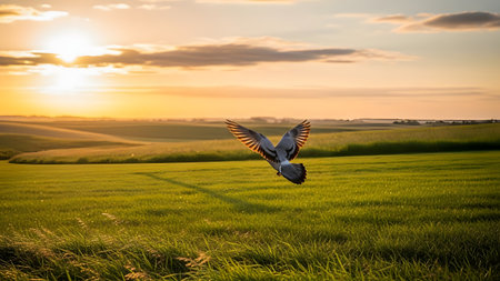 A pigeon flies gracefully over a lush green agricultural field during a golden sunset. The bird's wings are backlit by the sun, creating a peaceful and scenic image of nature and freedom in a rural setting.の素材