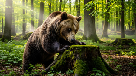 A powerful brown bear stands on its hind legs, resting its paws on a mossy tree stump in a sunlit forest. The scene captures the bear in its natural habitat with sunbeams filtering through the tall trees in the background.の素材