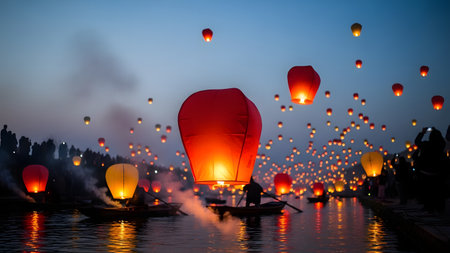 Glowing red paper lanterns float in the sky and reflect on a river surface during a night festival. Silhouettes of boats and people create a magical and cultural atmosphere associated with Asian traditions.の素材