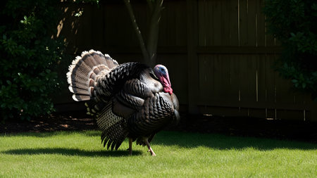 A male wild turkey displays his magnificent fanned tail feathers while strutting on a green lawn. The sunlight hits the iridescent plumage, highlighting the mating ritual and dominance display.の素材