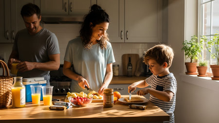 A happy family preparing breakfast together in a sunlit kitchen. The mother cuts fruit, the father pours orange juice, and their young son butters toast, creating a warm and wholesome domestic scene.の素材