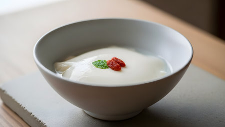 A ceramic bowl of soft tofu pudding, also known as Douhua, garnished with red goji berries and a fresh mint leaf. The smooth, white dessert is submerged in clear syrup, presented in a minimalist and clean setting.の素材