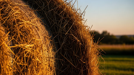 A close-up shot of a round hay bale, highlighting the golden texture of the dried straw. The bale is illuminated by warm sunset light, with a blurred rural landscape in the background.の素材