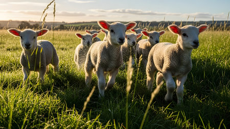A flock of cute lambs runs energetically through a green grassy field, illuminated by the warm backlight of the sun. Water droplets spray from the wet grass as they move, highlighting their playful nature.の素材