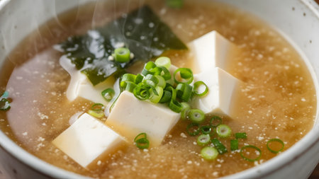 A close-up view of a bowl of traditional Japanese miso soup containing tofu cubes, wakame seaweed, and chopped green onions. The steaming hot broth represents a healthy and staple dish in Asian cuisine.の素材