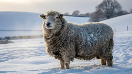 A fluffy sheep with a thick coat of wool stands resiliently in a snowy winter landscape. The animal is framed against a white, frosty background, emphasizing the cold weather and rural farming environment.の素材