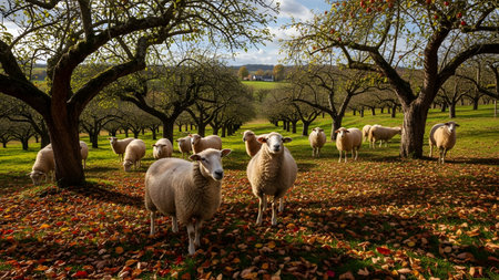 A flock of sheep grazing in a peaceful fruit orchard during the autumn season. The ground is covered with fallen red and orange leaves, and the trees provide a canopy over the animals as they look towards the camera.の素材