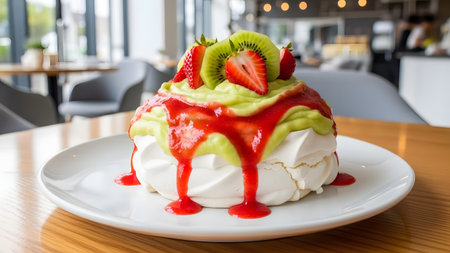 A stunning Pavlova cake features a crisp white meringue base topped with luscious green cream, red strawberry sauce, and fresh slices of strawberry and kiwi. The dessert sits on a white plate on a wooden table.の素材