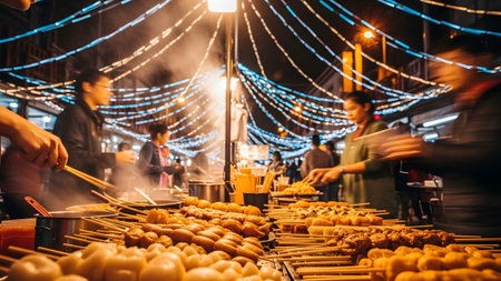 A bustling night market scene featuring rows of grilled skewers, likely satay or meatballs, piled high at a food stall. The background is filled with bokeh string lights and the steam of cooking, capturing the vibrant atmosphere of Asian street food culture.の素材