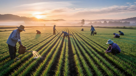 A picturesque view of a rice paddy field at sunrise, with farmers wearing conical hats working in the rows. The golden sun illuminates the mist over the mountains in the background.の素材