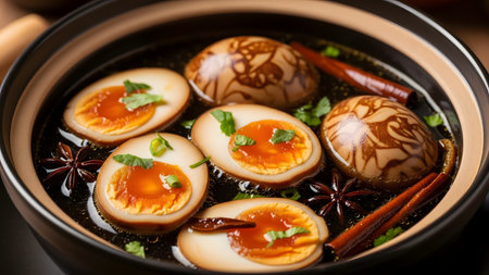 A bowl of braised soy sauce eggs, halved to reveal the golden yolks, floating in a dark aromatic broth with star anise and cinnamon. The eggs feature a marbled pattern on the whites, suggesting traditional Chinese or Asian cooking.の素材