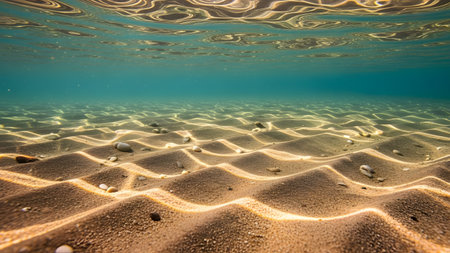 A crystal-clear underwater view showing sand ripples on the seabed illuminated by dancing sunlight caustics. The golden light patterns creates a mesmerizing texture on the ocean floor.の素材