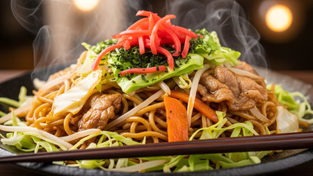 A steaming plate of Yakisoba, Japanese stir-fried noodles, topped with red pickled ginger and dried seaweed. The dish is packed with meat, cabbage, and carrots, glistening with savory sauce. This appetizing close-up captures the heat and flavor of authentic Asian street food.の素材