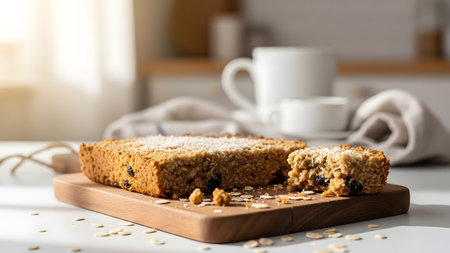 A healthy baked oatmeal bar or cake sits on a wooden cutting board, with a slice cut out to show the texture. The background features coffee cups and a kitchen setting, suggesting a cozy breakfast.の素材