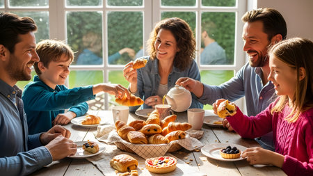 A joyful family of five enjoys a morning breakfast together at a sunlit dining table. Parents and children share smiles while eating croissants, pastries, and drinking tea or juice in a cozy home environment. The scene radiates warmth, love, and the happiness of quality family bonding time.の素材