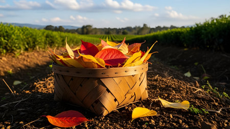 A woven wooden basket filled with vibrant red and yellow autumn leaves sits on the soil in an agricultural field. The golden hour sunlight illuminates the texture of the basket and the rich colors of the foliage, with rows of green plants in the background.の素材