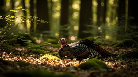 A wild turkey rests on the mossy floor of a dense forest, illuminated by shafts of soft sunlight filtering through the trees. The bird's textured feathers and red wattle are visible against the green and brown background of the woodland environment.の素材