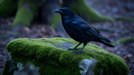 A sleek black raven standing alert on a moss-covered rock in a dimly lit forest. The bird's glossy feathers contrast with the vibrant green moss and the dark, blurred woodland background.の素材
