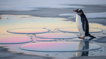 A Gentoo penguin stands on an icy surface surrounded by frozen pools reflecting pink and blue pastel colors of the sky. The Antarctic wildlife scene captures the bird in a serene, cold environment.の素材