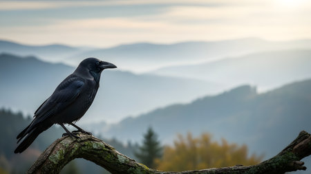A black raven perches on a mossy tree branch, looking to the right. The background features hazy blue mountain layers, evoking a sense of wilderness and nature.の素材