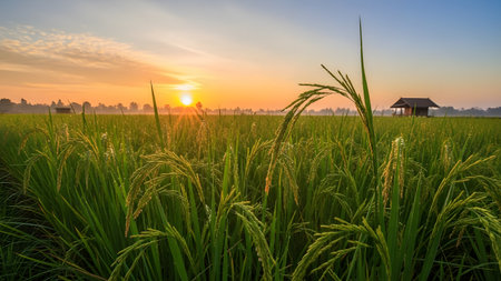 A stunning sunrise illuminates a lush green rice paddy field, with golden light reflecting off the dew-covered grain stalks. A small rustic hut stands in the distance, completing this peaceful rural landscape scene.の素材