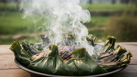 A platter of freshly grilled fish wrapped in banana leaves, known as Pepes or Ikan Bakar, steaming hot on a rustic outdoor table. The smoke rising from the bundles suggests they are freshly cooked, promising a delicious and authentic Asian culinary experience.の素材
